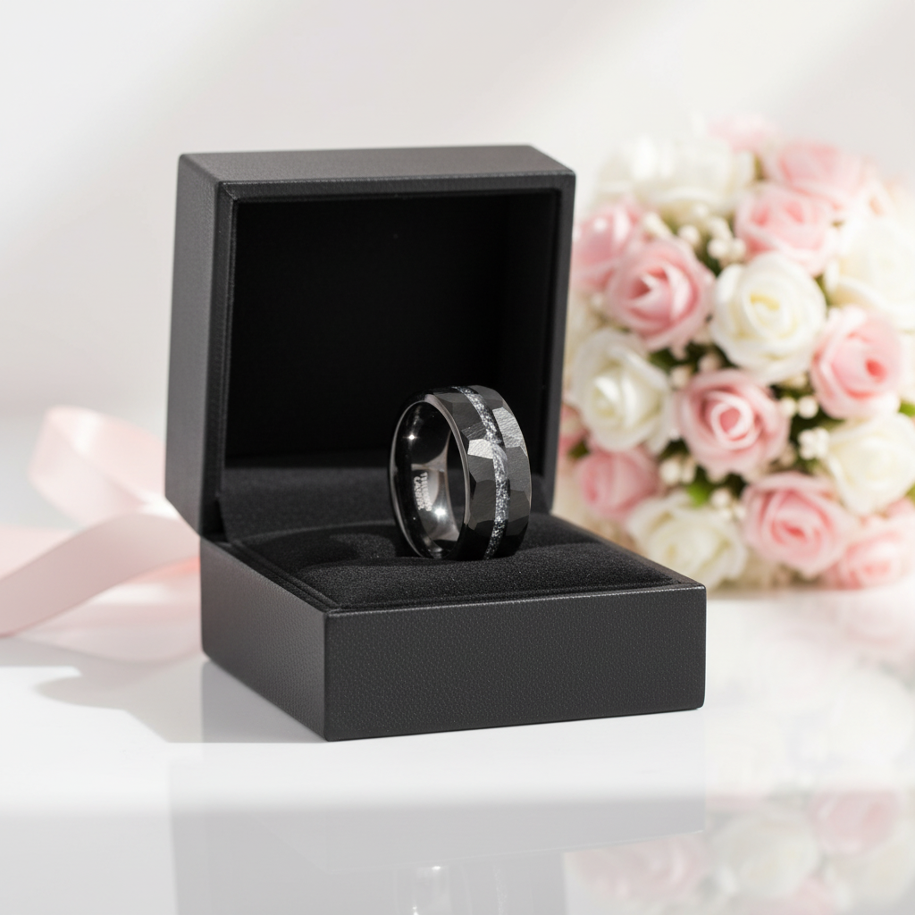 Aluminum Slag Inlay Hammered & Grooved Tungsten Carbide Ring-Black Diamonds New York