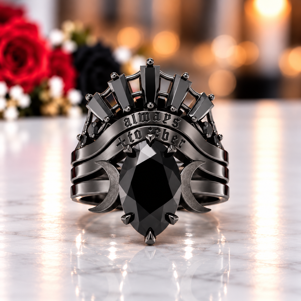 Always and Forever Promise Rings - Oval Cut Diamond Option Gothic Bridal Set in 14K Rose Gold-Black Diamonds New York