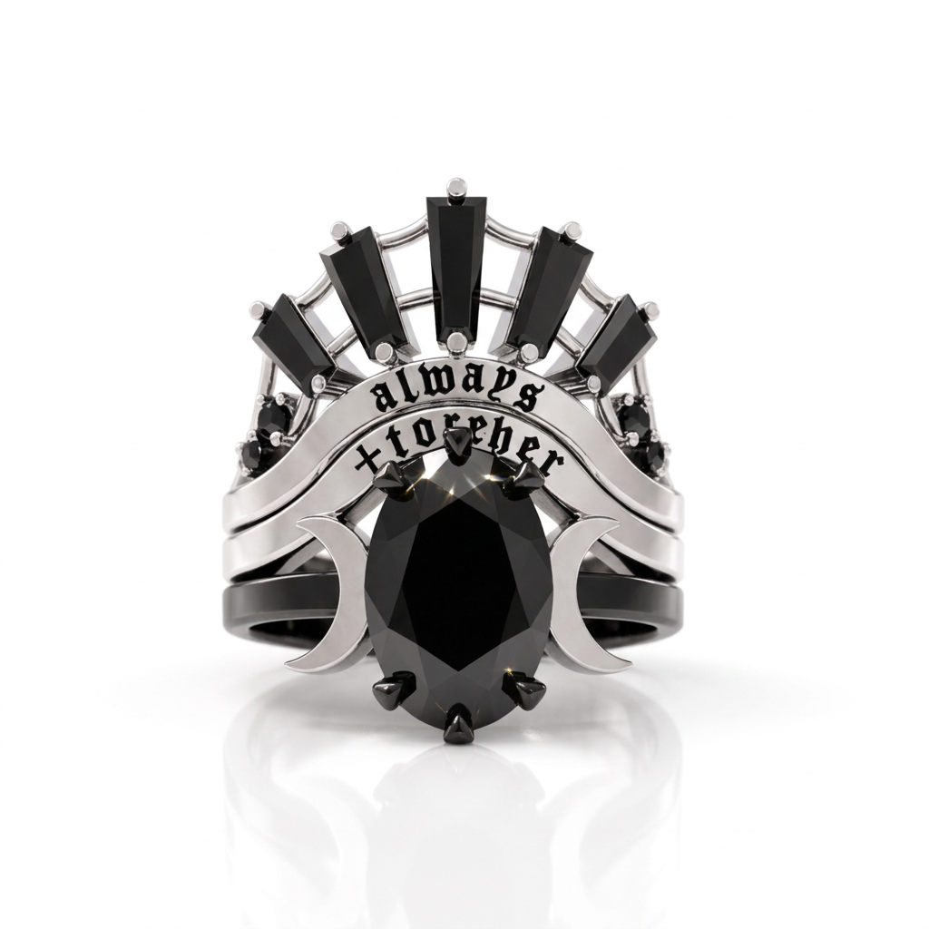 Always and Forever Promise Rings - Oval Cut Diamond Option Gothic Bridal Set in 14K Rose Gold-Black Diamonds New York