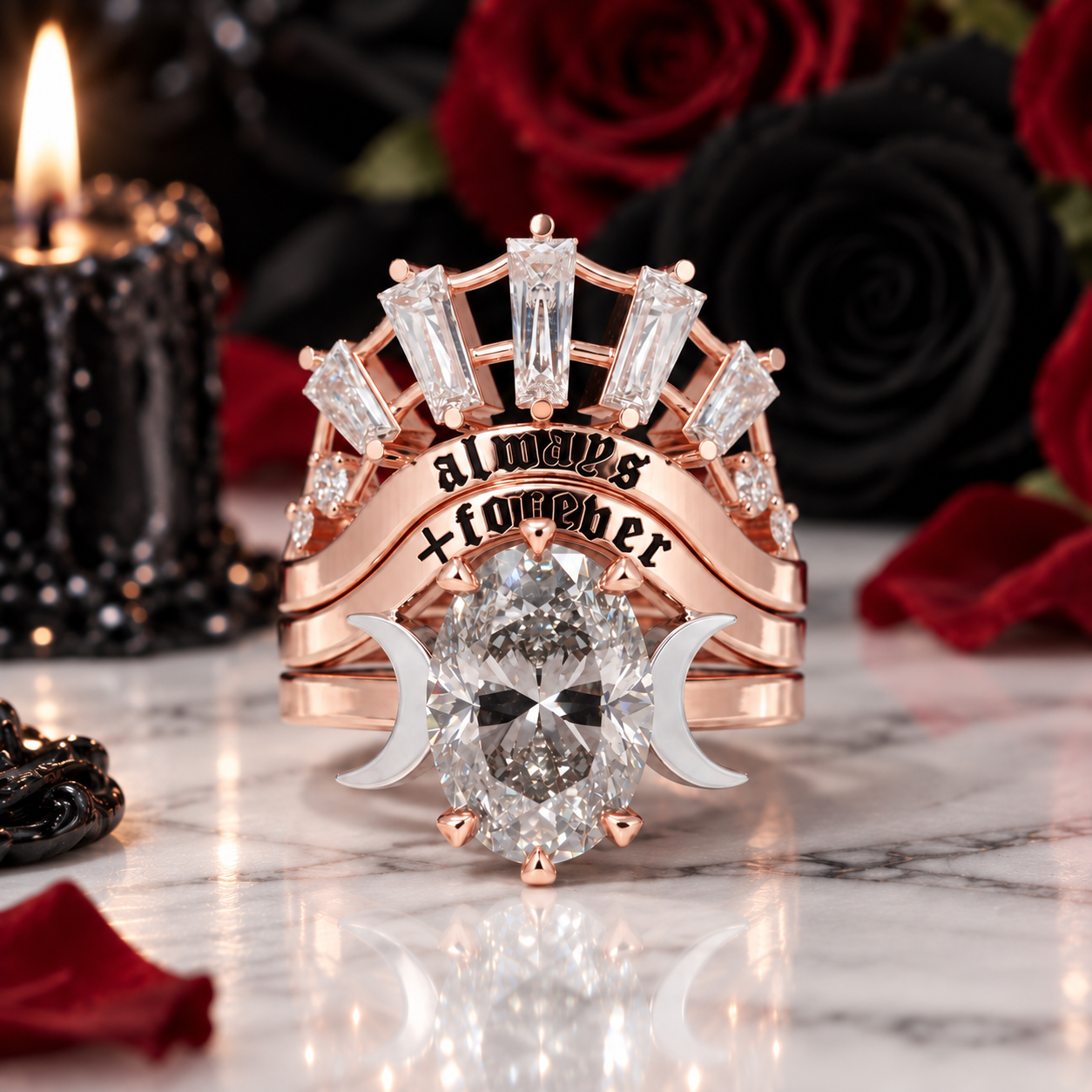 Always and Forever Promise Rings - Oval Cut Diamond Option Gothic Bridal Set in 14K Rose Gold-Black Diamonds New York