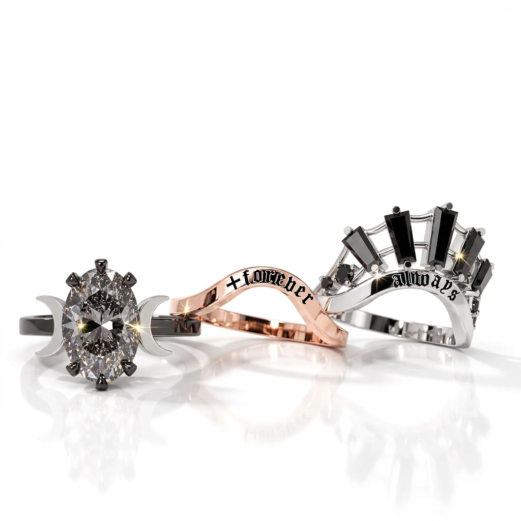 Always and Forever Promise Rings - Oval Cut Diamond Option Gothic Bridal Set in 14K Rose Gold-Black Diamonds New York