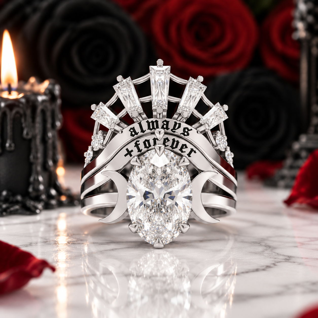 Always and Forever Promise Rings - Oval Cut Diamond Option Gothic Bridal Set in 14K Rose Gold-Black Diamonds New York