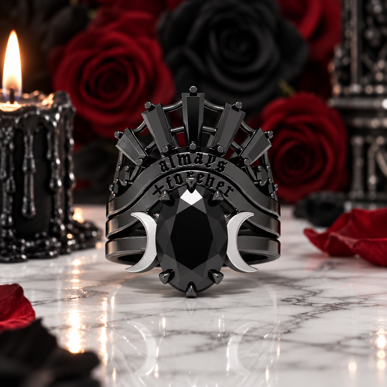 Always and Forever Promise Rings - Oval Cut Diamond Option Gothic Bridal Set in 14K Rose Gold-Black Diamonds New York