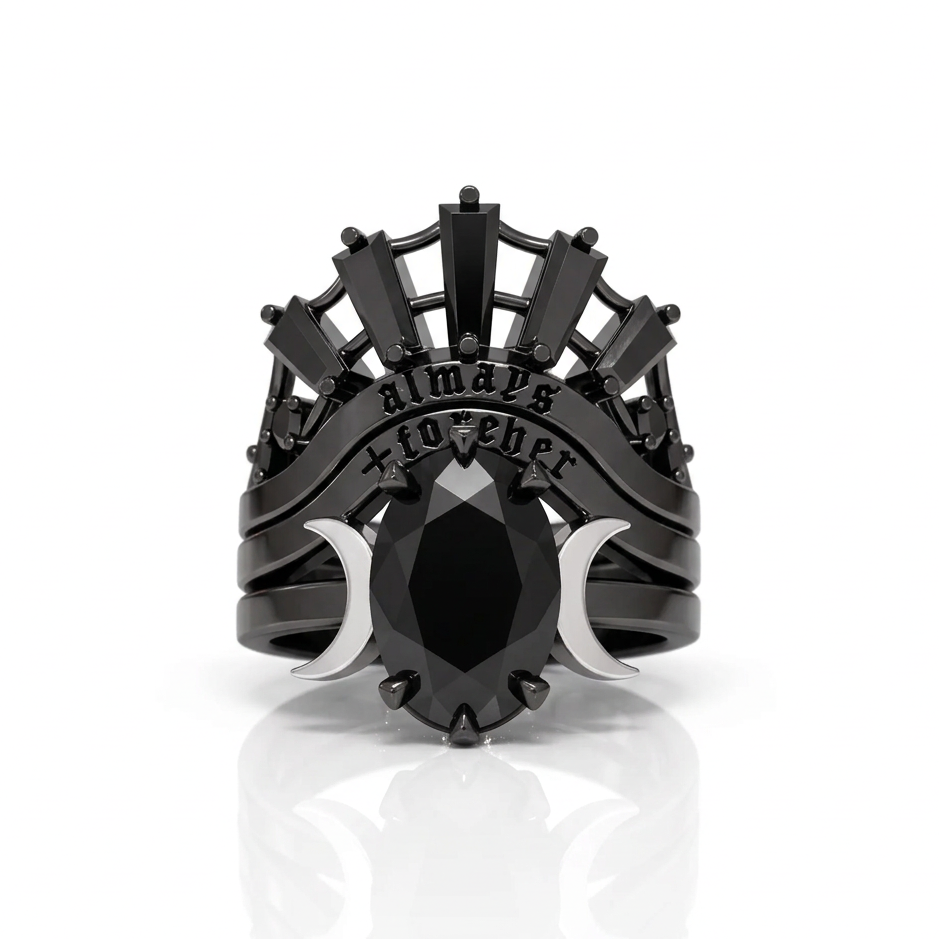 Always and Forever Promise Rings - Oval Cut Diamond Option Gothic Bridal Set in 14K Rose Gold-Black Diamonds New York