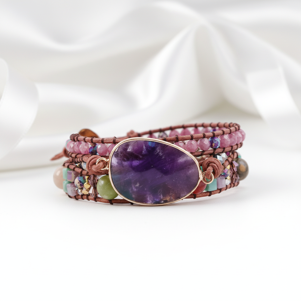 Amethyst & Mixed Natural Stones Handmade Bohemian Bracelet-Black Diamonds New York