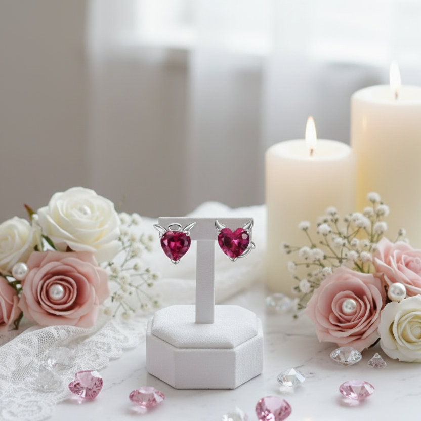 Angel & Devil Pink Heart Cut Diamond Stud Earrings-Black Diamonds New York