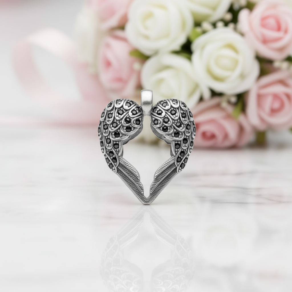 A silver-toned heart-shaped pendant with two winged angel figures facing inward, detailed with small dark stones, displayed on a reflective white surface with a blurred pink and white rose bouquet in the background.