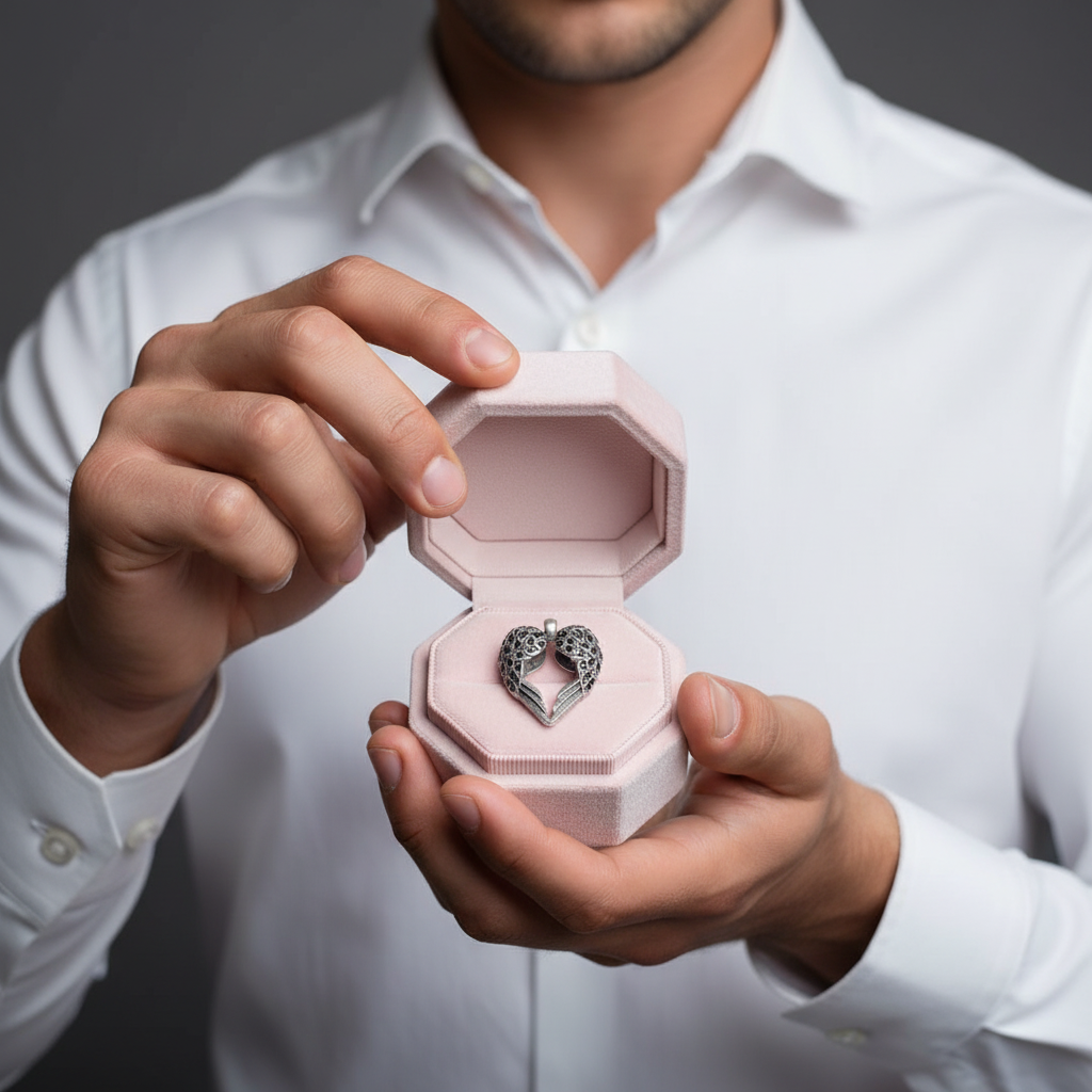 A man in a white dress shirt holds an open light pink jewelry box displaying a silver heart-shaped ring with small clear stones.