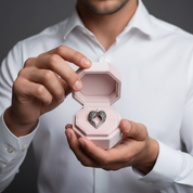 A man in a white dress shirt holds an open light pink jewelry box displaying a silver heart-shaped ring with small clear stones.