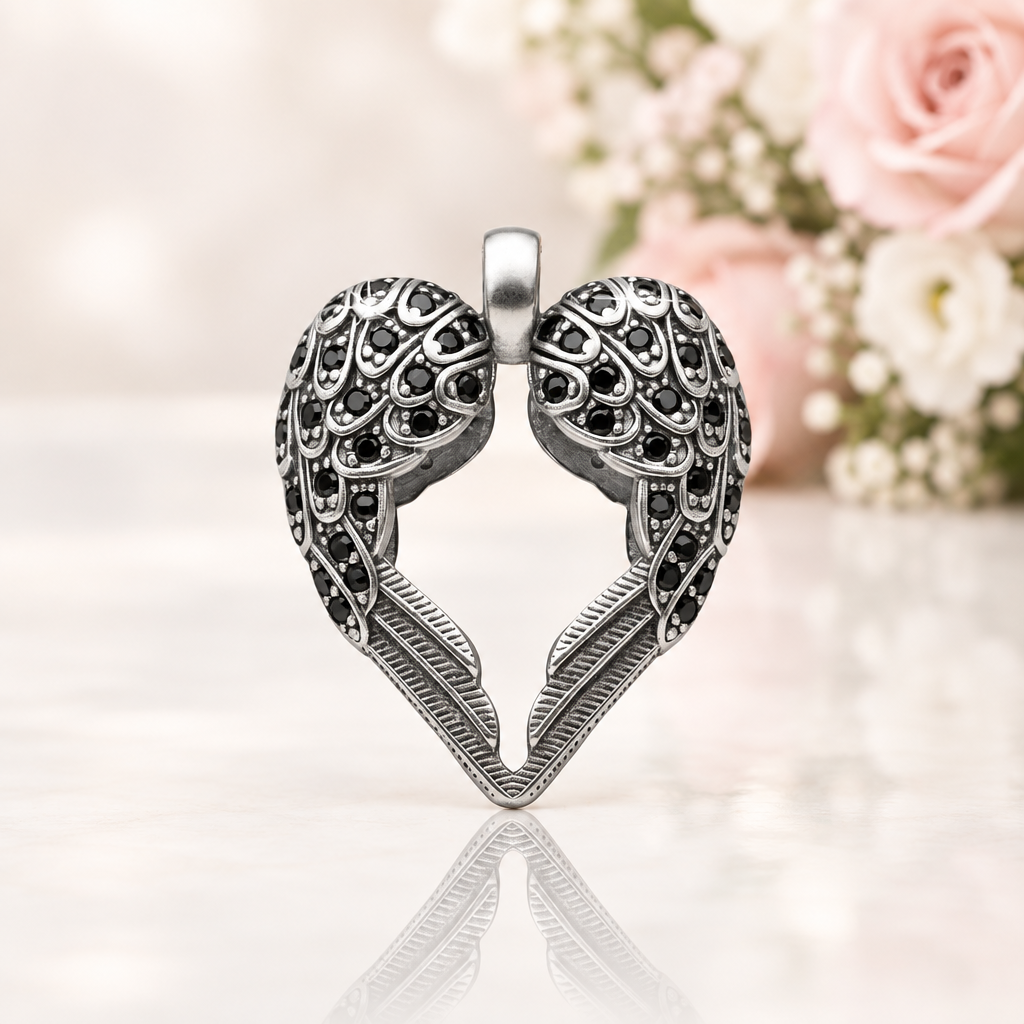 Angel Wings Heart Necklace Pendant-Black Diamonds New York