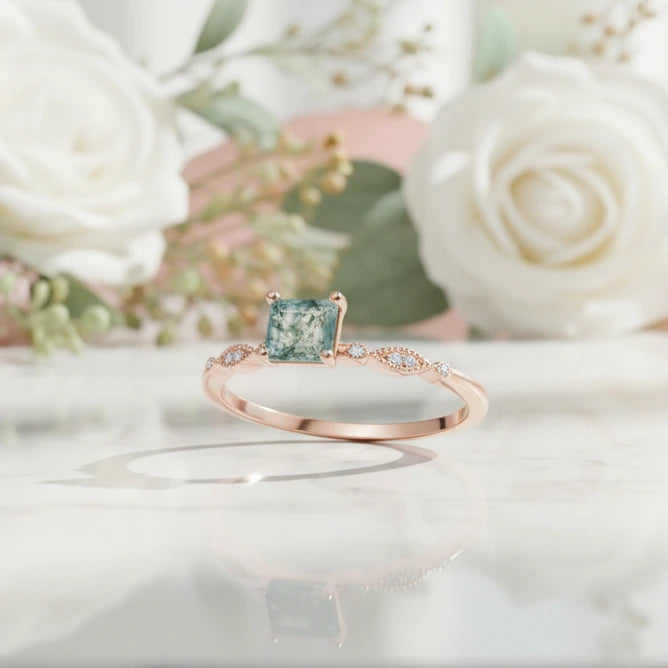 Antique Moss Agate Vintage Art Deco Rose Gold Engagement Ring Set-Black Diamonds New York