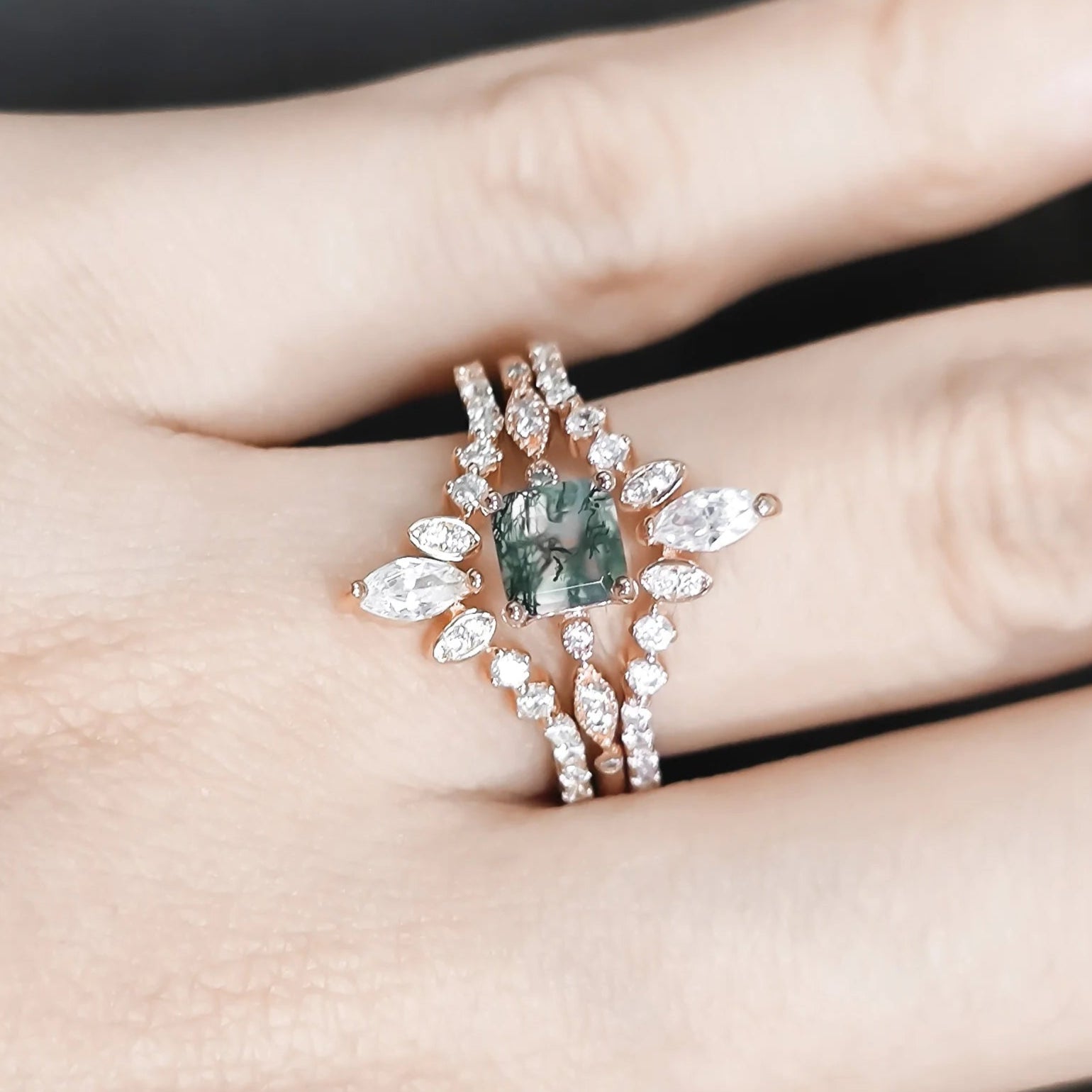 Antique Moss Agate Vintage Art Deco Rose Gold Engagement Ring Set-Black Diamonds New York