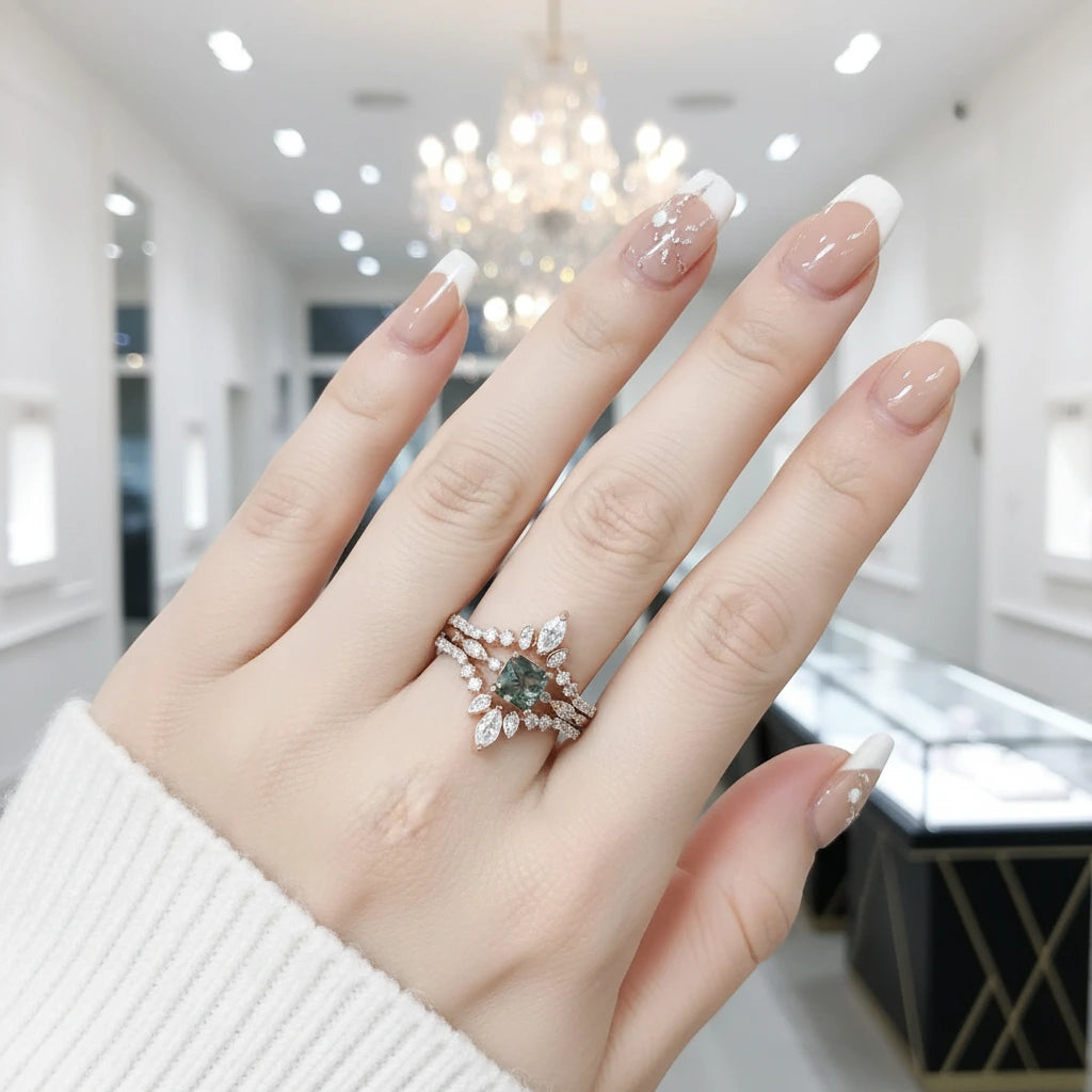 Antique Moss Agate Vintage Art Deco Rose Gold Engagement Ring Set