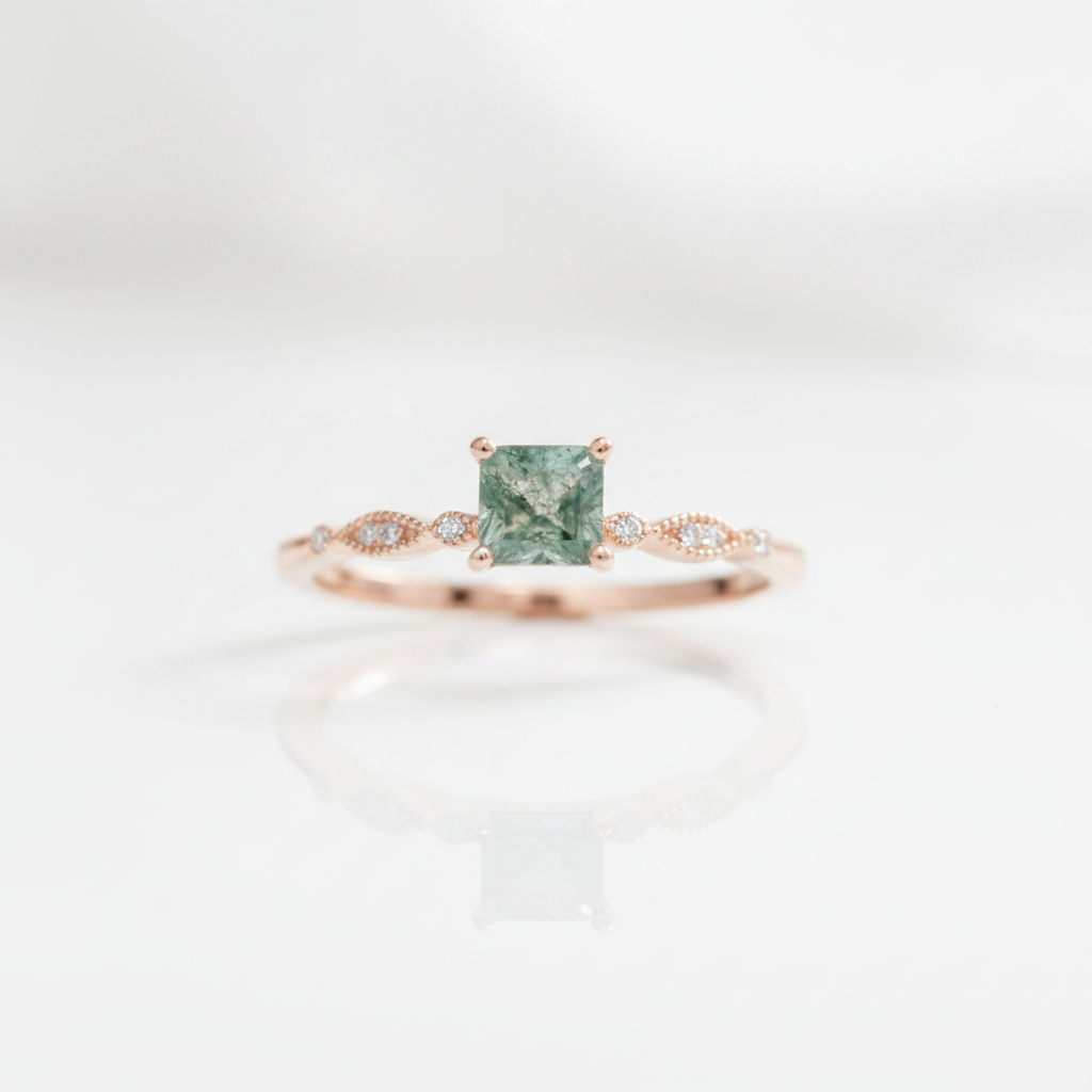 Antique Moss Agate Vintage Art Deco Rose Gold Engagement Ring Set-Black Diamonds New York