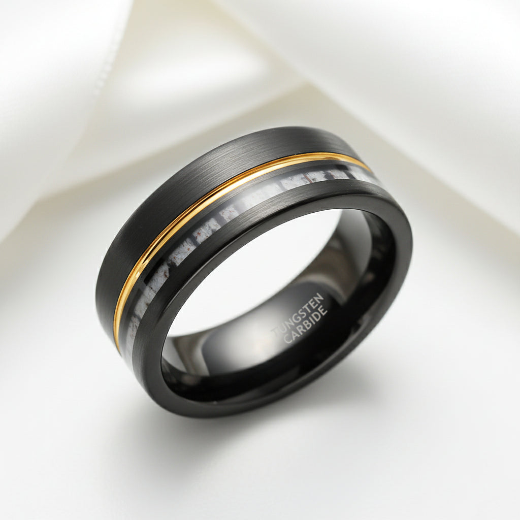 Antler Inlay with Gold Line Matte Black Tungsten Men's Wedding Band-Black Diamonds New York
