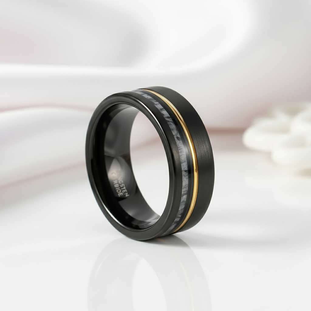 Antler Inlay with Gold Line Matte Black Tungsten Men's Wedding Band-Black Diamonds New York