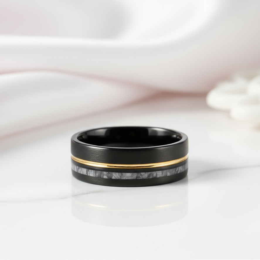 Antler Inlay with Gold Line Matte Black Tungsten Men's Wedding Band-Black Diamonds New York