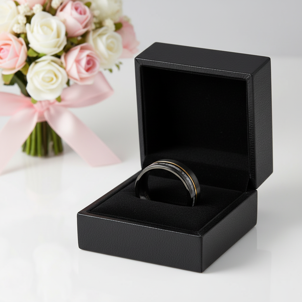 Antler Inlay with Gold Line Matte Black Tungsten Men's Wedding Band-Black Diamonds New York