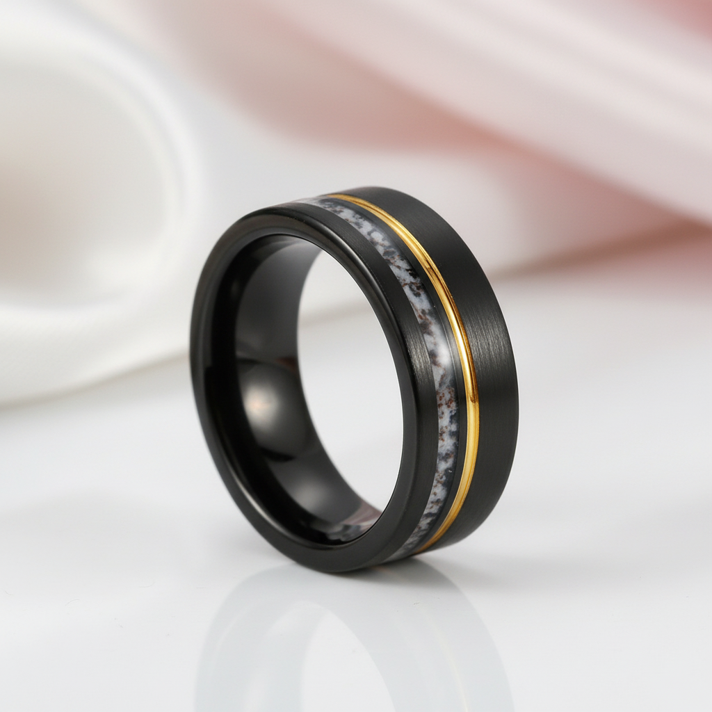 Antler Inlay with Gold Line Matte Black Tungsten Men's Wedding Band-Black Diamonds New York