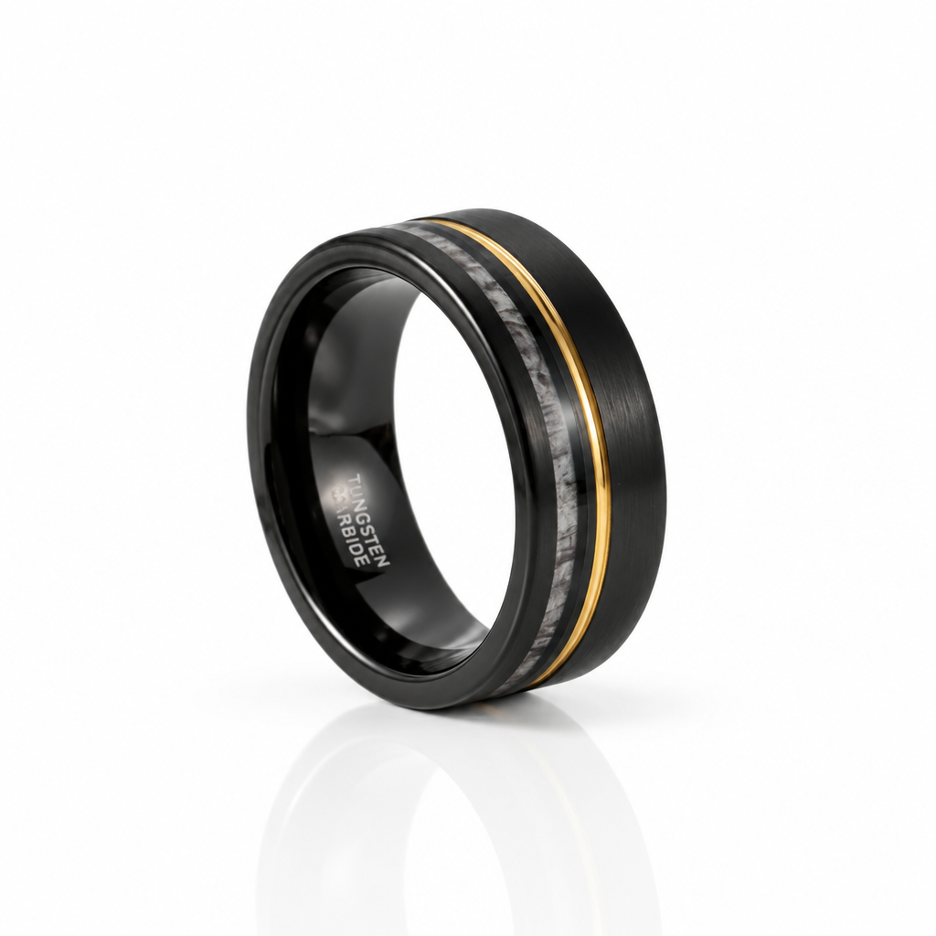 Antler Inlay with Gold Line Matte Black Tungsten Men's Wedding Band-Black Diamonds New York