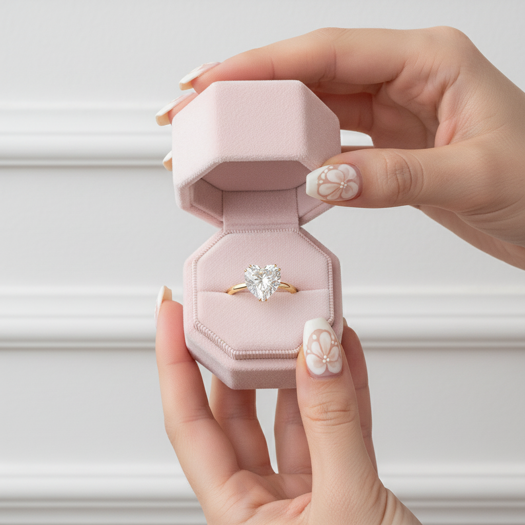 A heart-shaped diamond ring on a gold band, presented inside an open light pink velvet ring box held by two hands with floral nail art.
