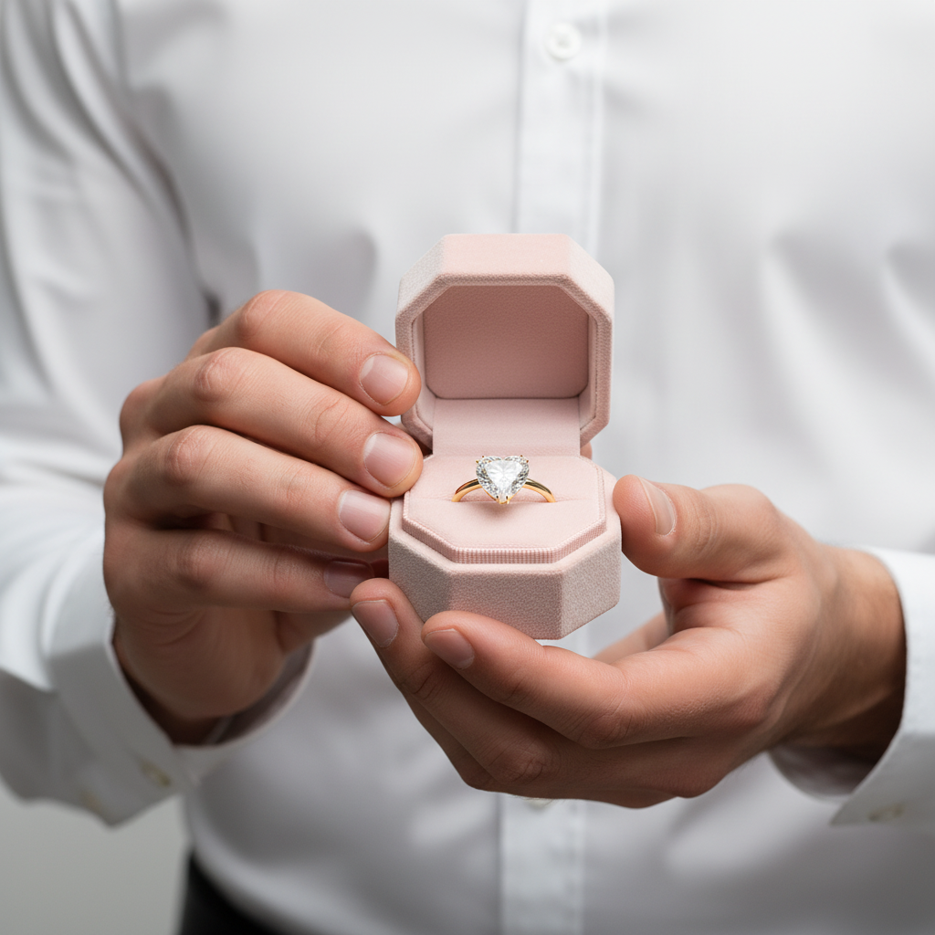 A close-up of a person in a white dress shirt holding an open light pink jewelry box that displays a gold ring with a heart-shaped clear gemstone.