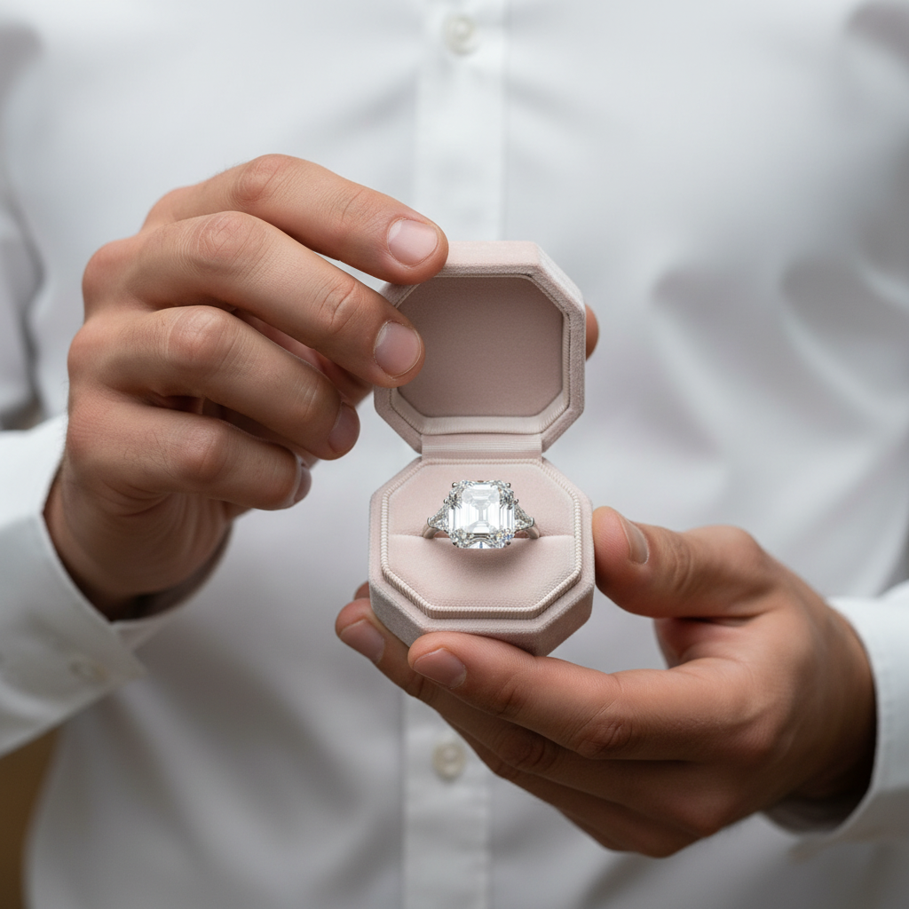 Asscher Cut and Trillion Cut Three Stone Engagement Ring-Black Diamonds New York