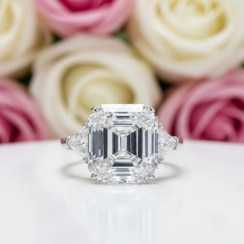 Asscher Cut and Trillion Cut Three Stone Engagement Ring-Black Diamonds New York