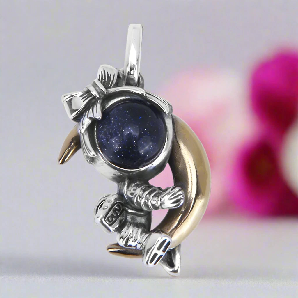 Astronaut Embraces the Moon Charm Pendant-Black Diamonds New York