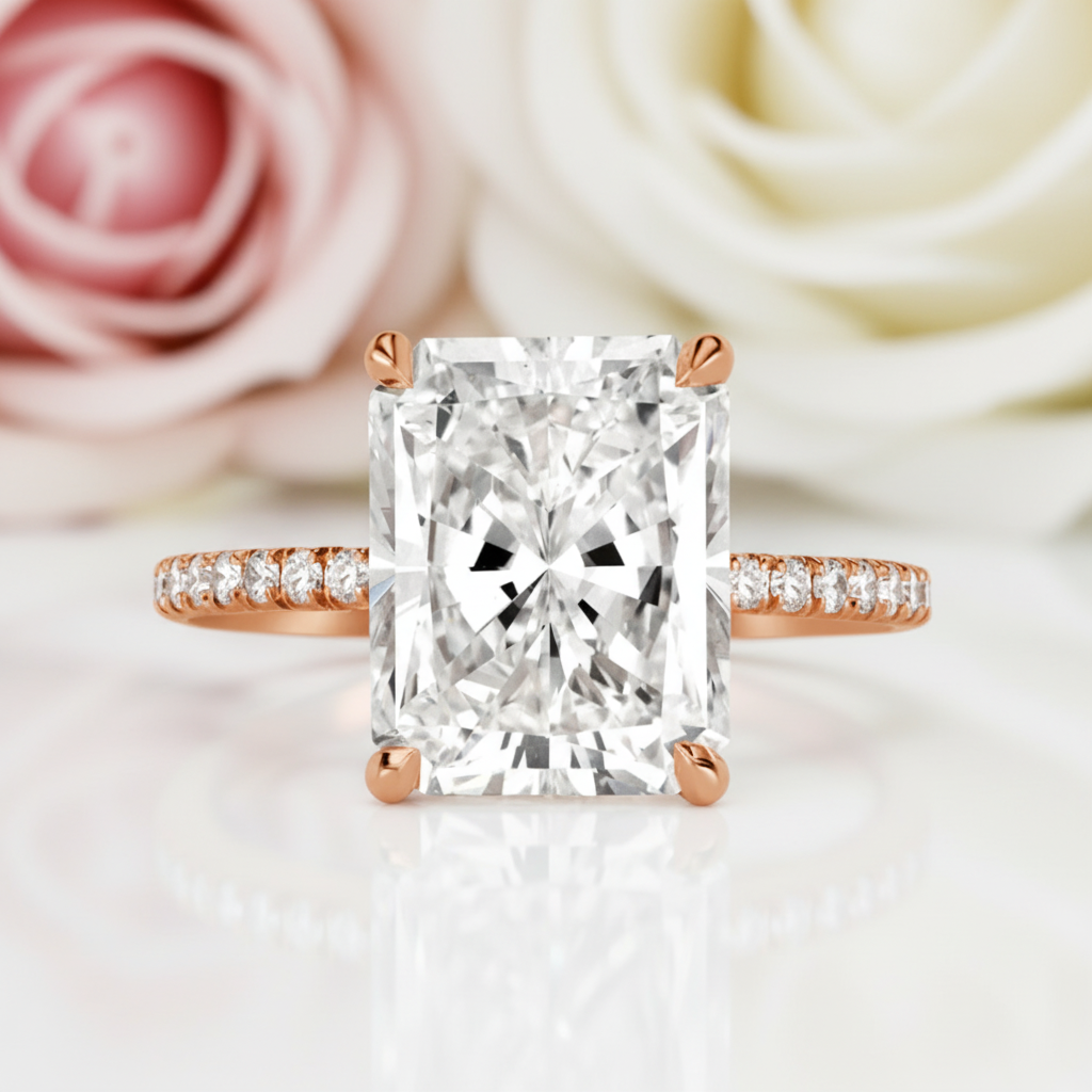 Rose Gold Radiant Cut Diamond Option Engagement Ring 925 Silver +Rose Gold/Moissanite / 6 Rose Gold Radiant Cut Diamond Option Engagement Ring 925 Silver +Rose Gold/Moissanite / 6