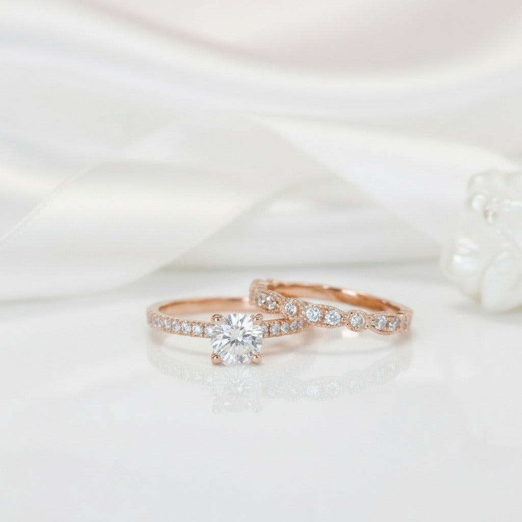 Rose Gold 2.0ct Round Cut Art Deco Bridal Set-Black Diamonds New York