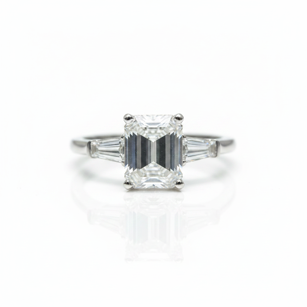 An emerald-cut diamond ring with baguette side stones in a silver-toned setting, centered on a reflective white surface.