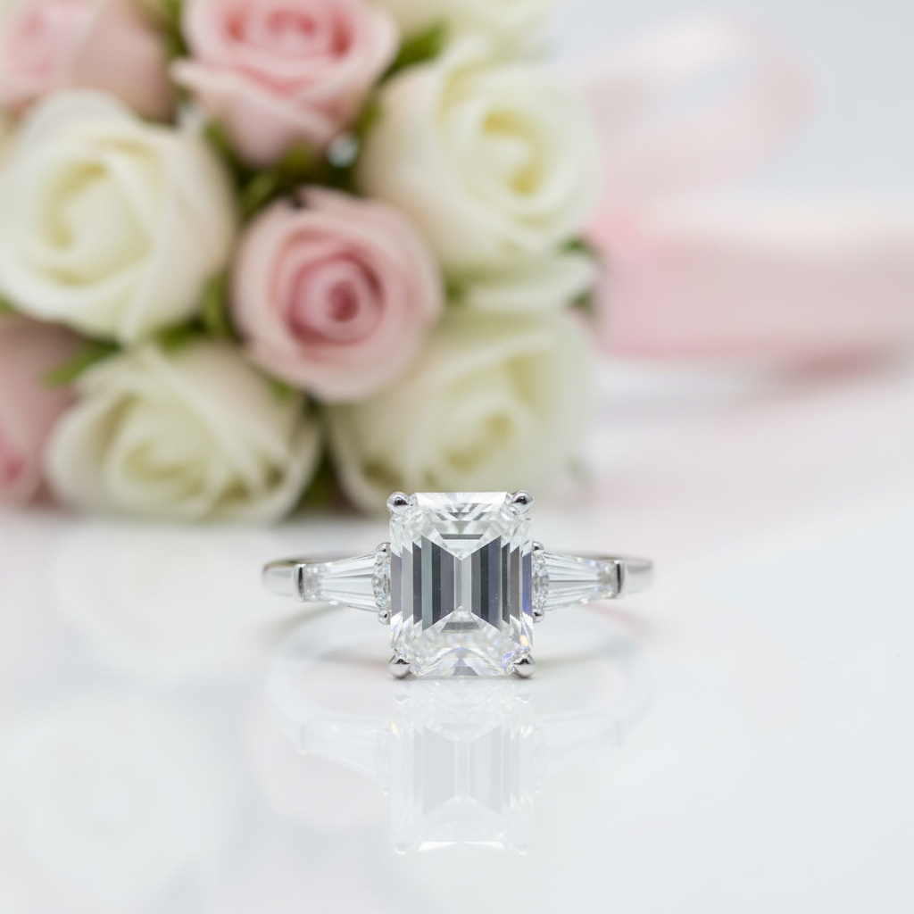 An emerald-cut diamond engagement ring with baguette side stones in a silver-toned setting, displayed on a reflective white surface with a blurred bouquet of pink and white roses in the background.