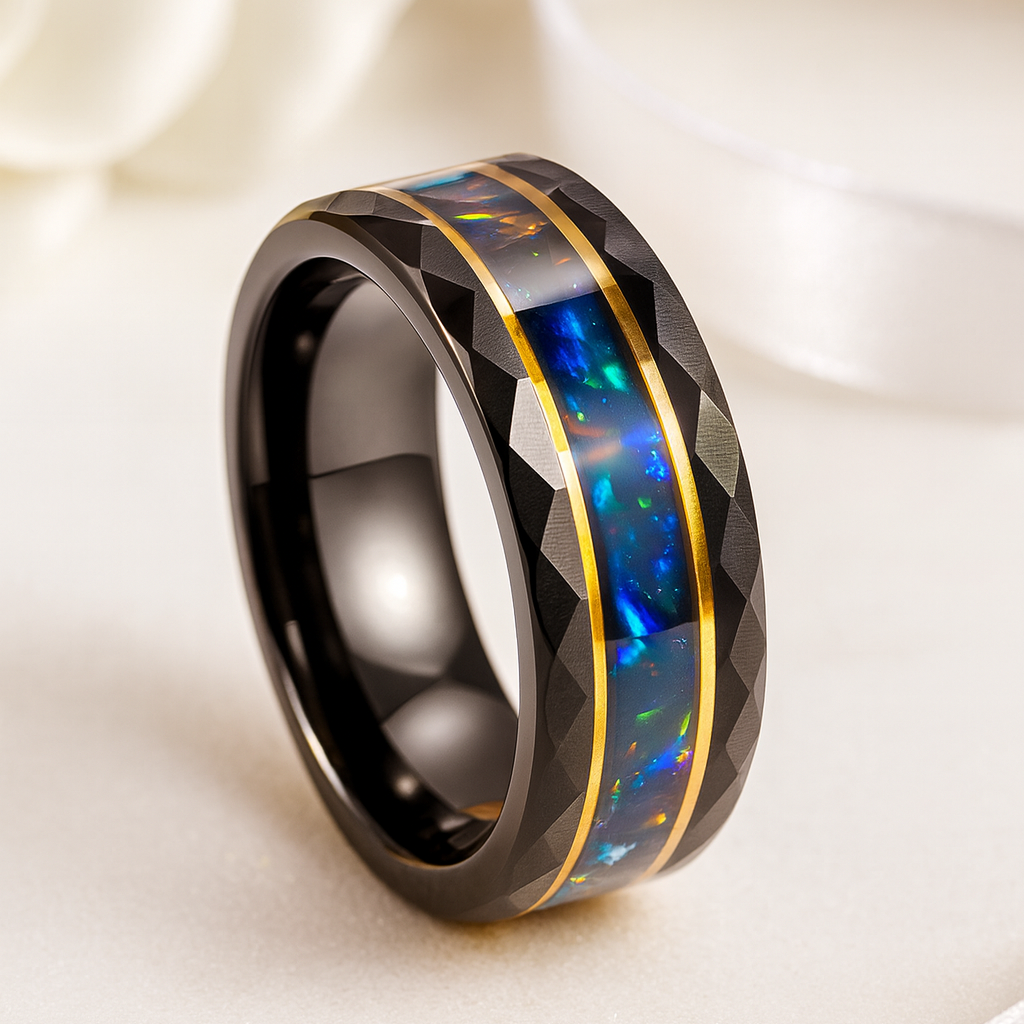Opal and Metal Slag Inlay Tungsten Wedding Band-Black Diamonds New York