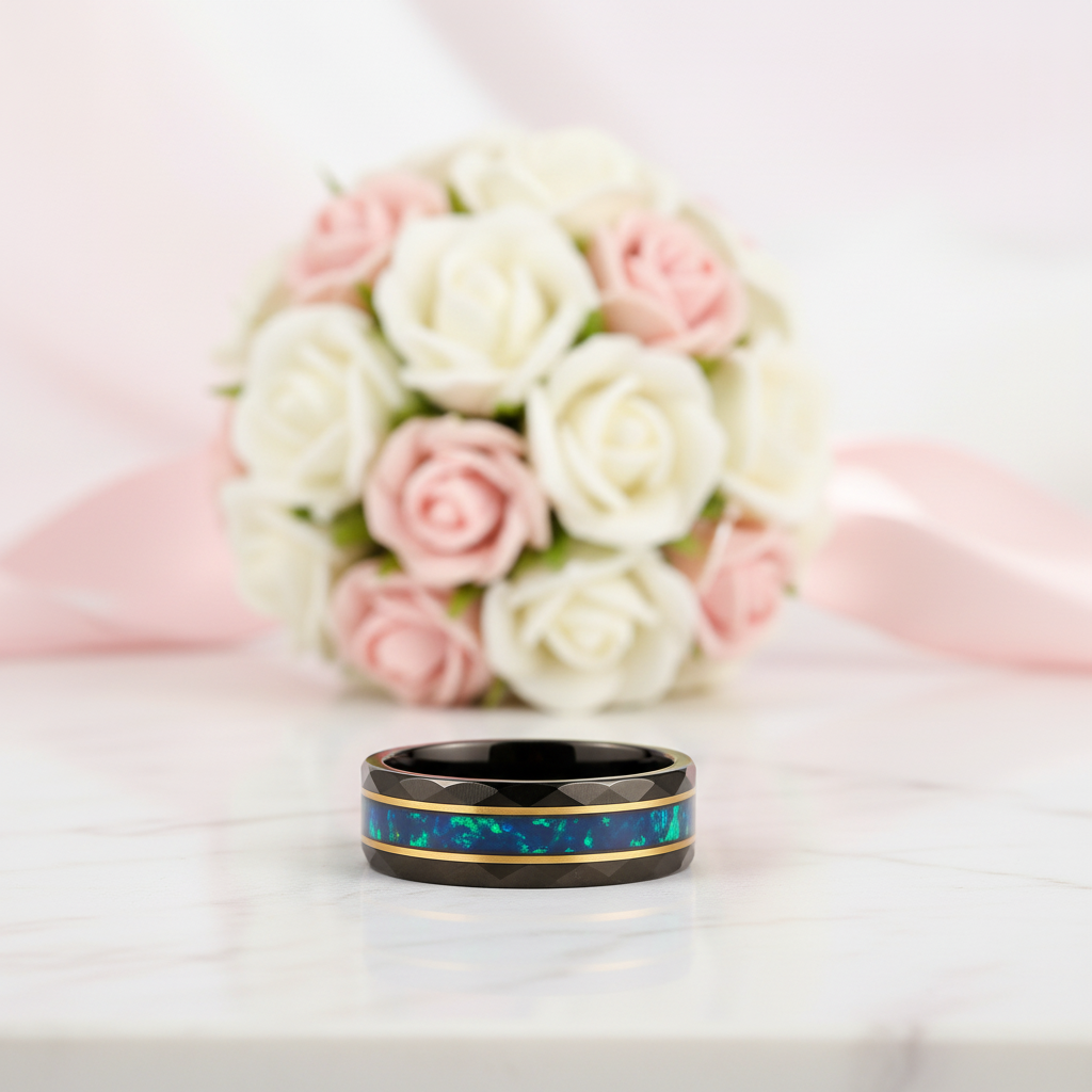 Opal and Metal Slag Inlay Tungsten Wedding Band-Black Diamonds New York