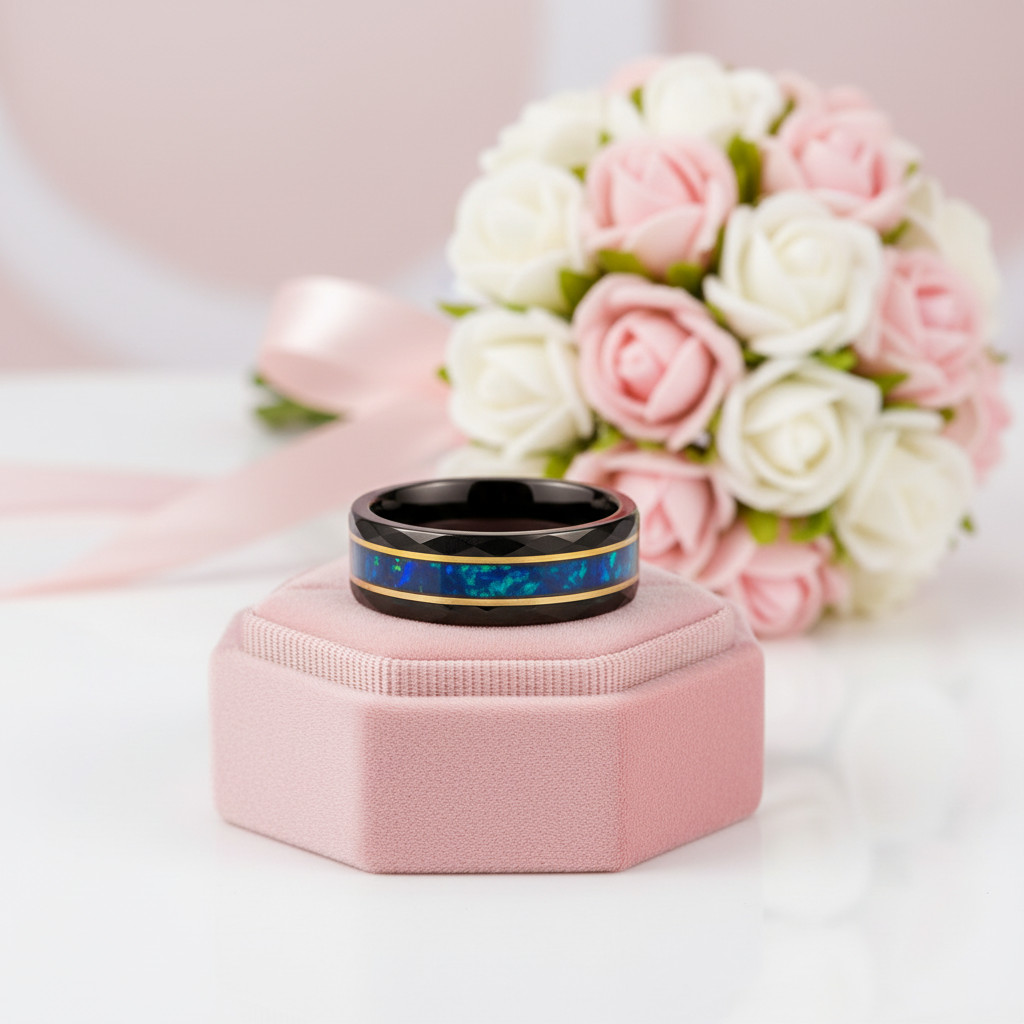 Opal and Metal Slag Inlay Tungsten Wedding Band-Black Diamonds New York