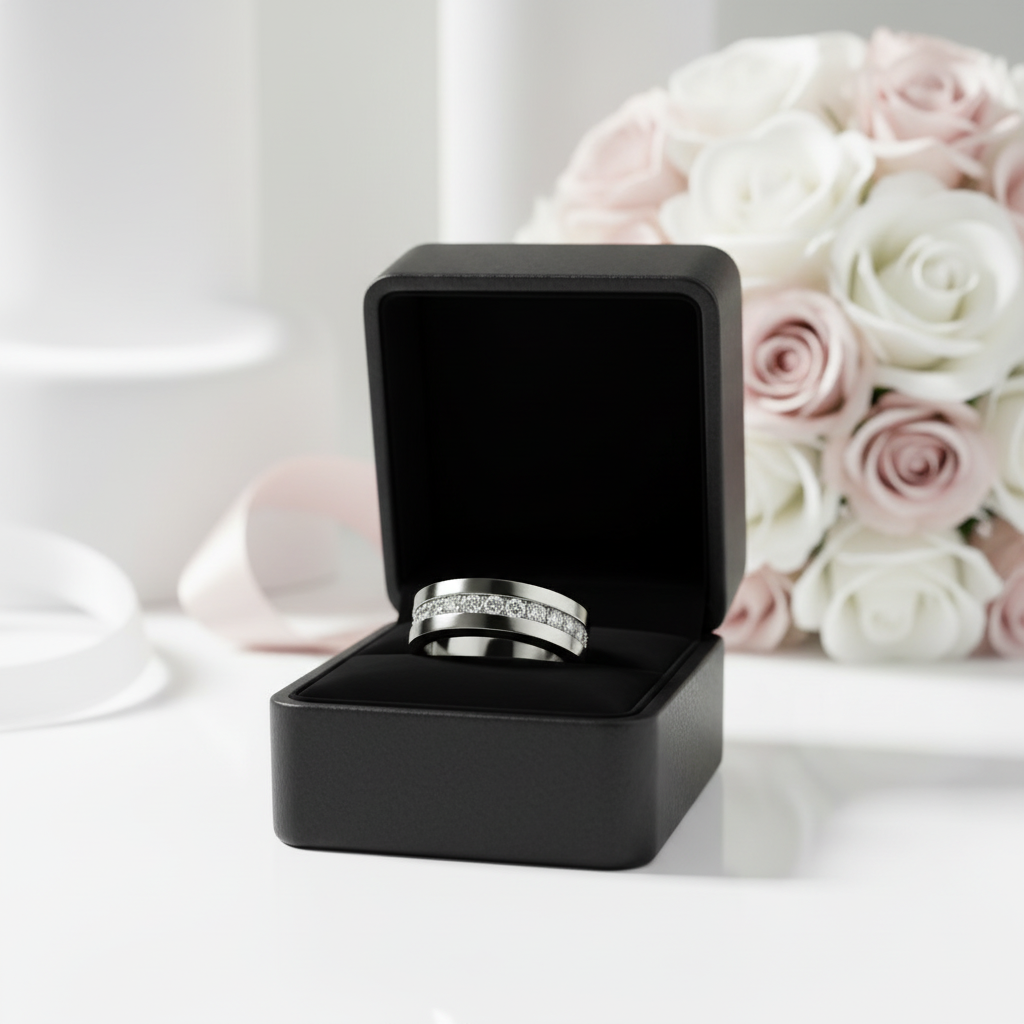 Diamond Option Inlay Beveled Edges Black 10k Gold Men's Wedding Band-Black Diamonds New York