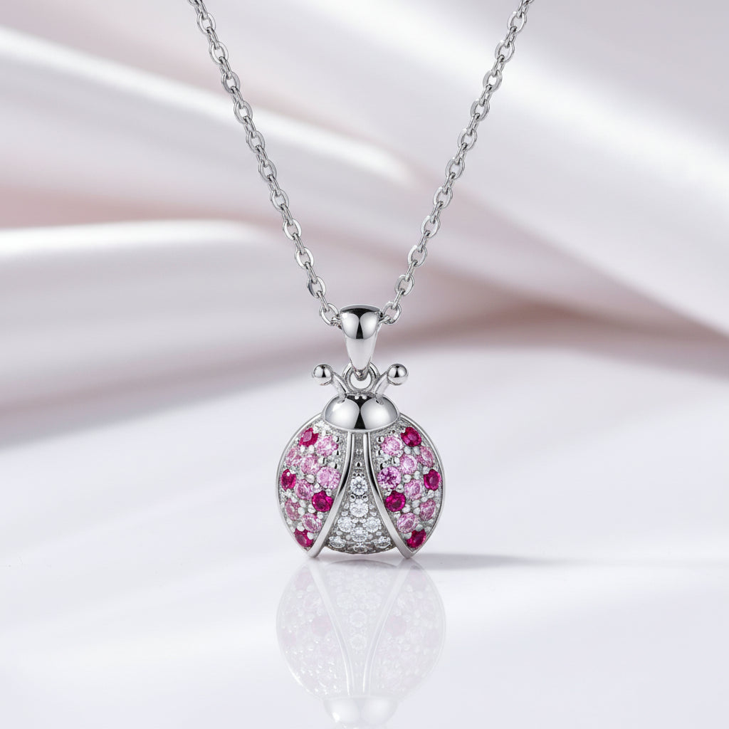 Pink Ladybug Necklace & Earrings Set-Black Diamonds New York