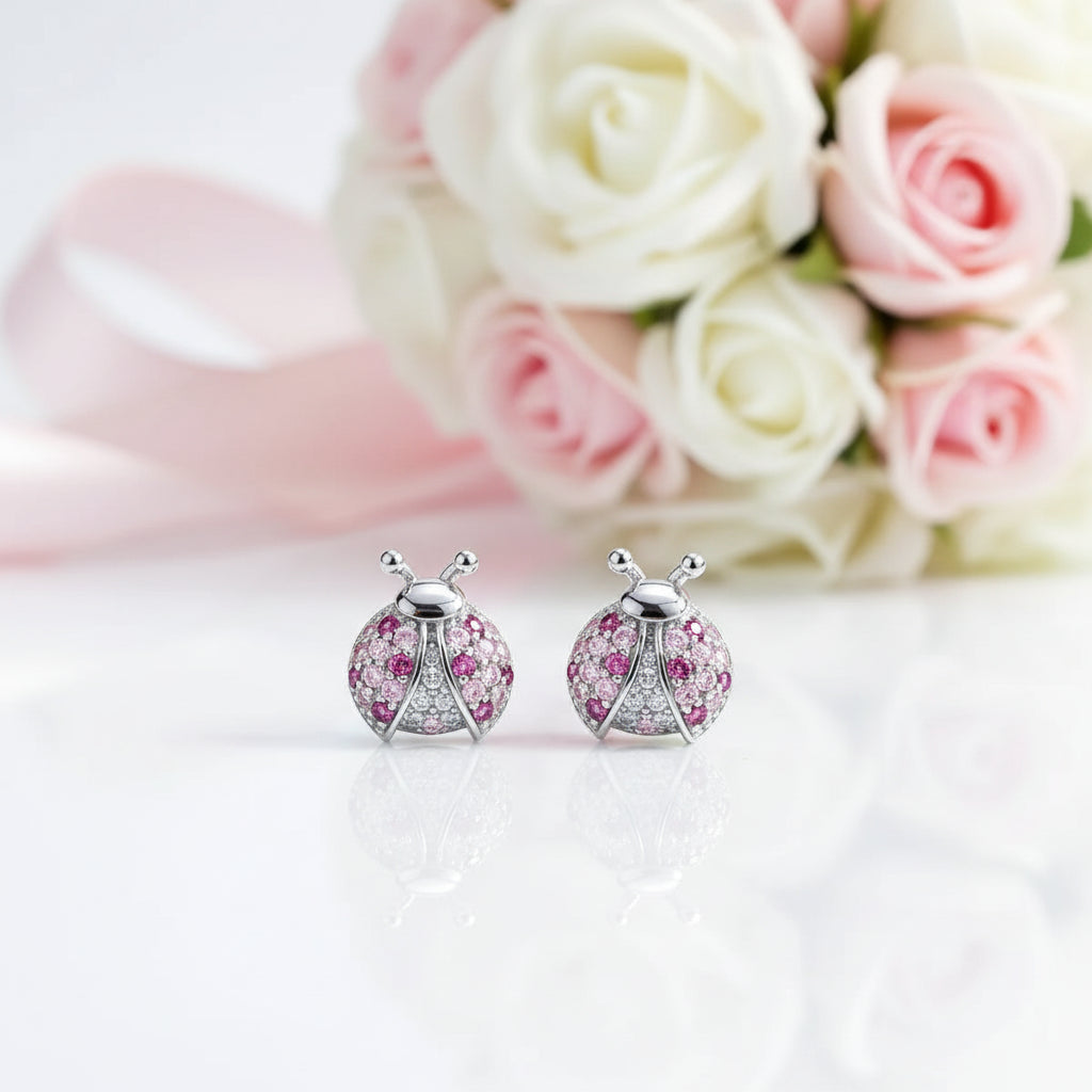 Pink Ladybug Necklace & Earrings Set-Black Diamonds New York