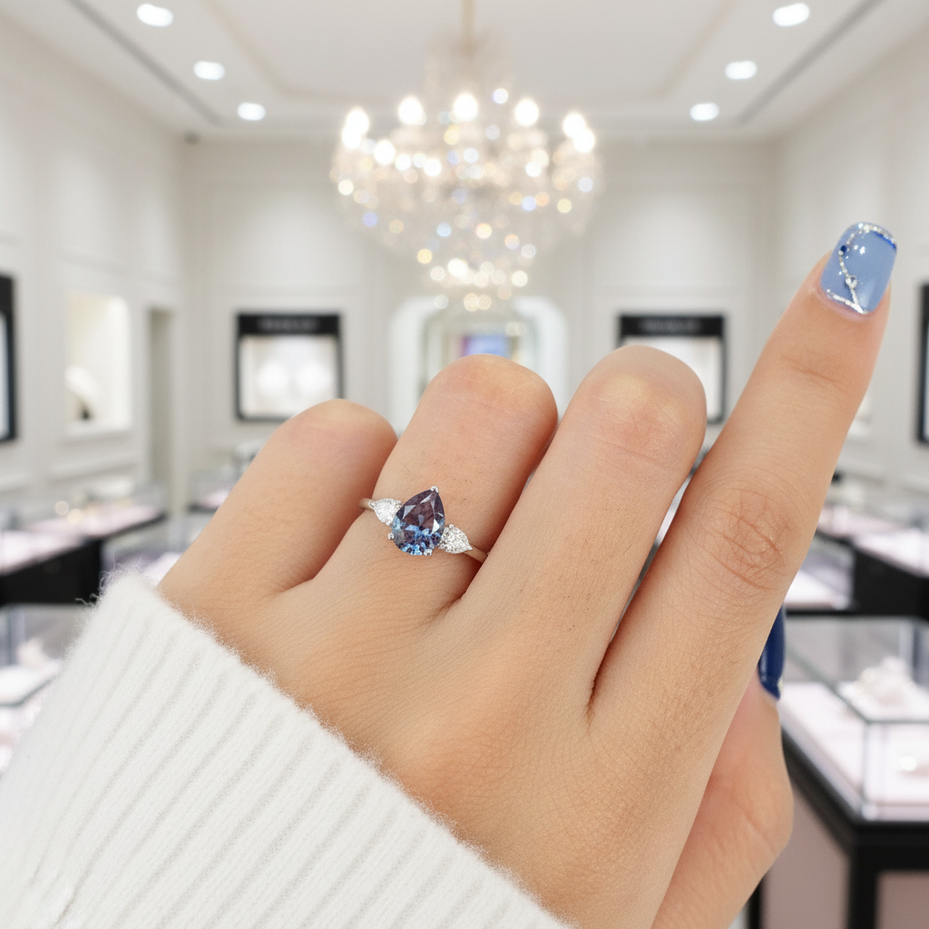 Pear Cut Alexandrite with Diamond Engagement Ring-Black Diamonds New York