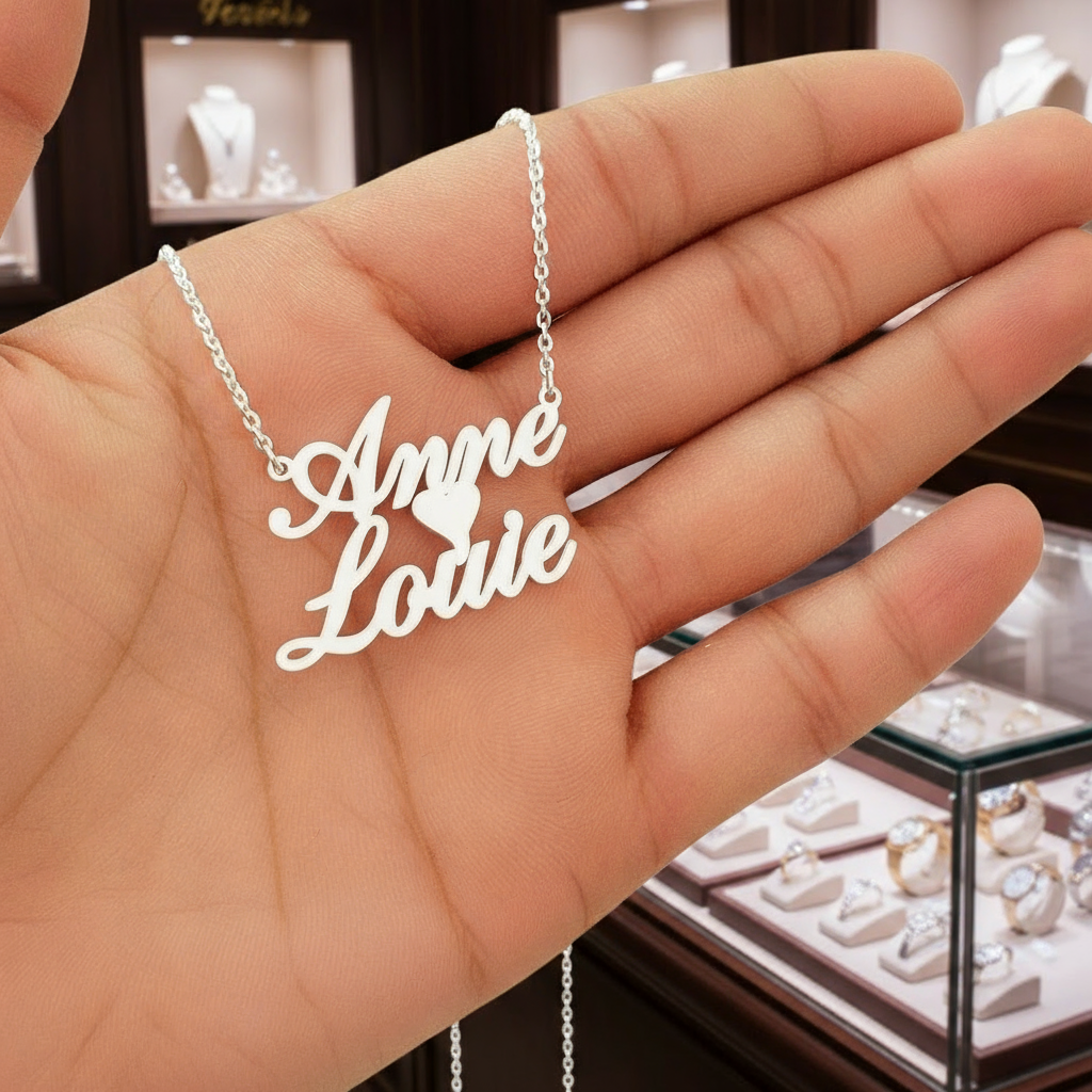 Personalized Name & Heart Pendant Necklace-Black Diamonds New York