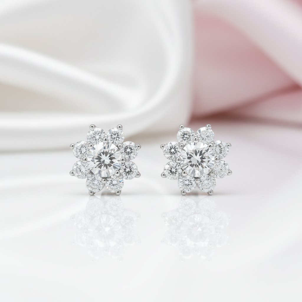 1.0 Ct Snowflake Shaped 6.5mm Halo Diamond Option Stud Earrings-Black Diamonds New York