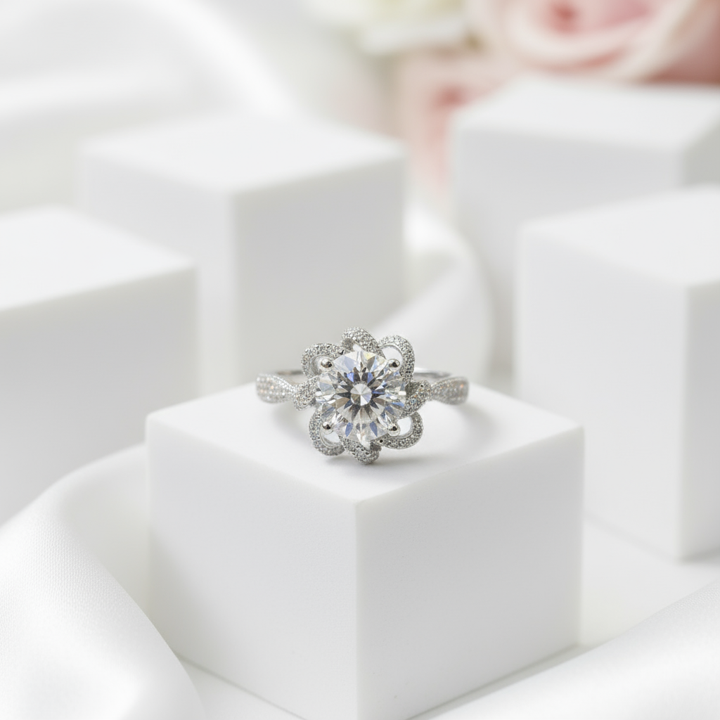 1.0 Ct Round Cut Diamond Princess Flower Engagement Ring-Black Diamonds New York