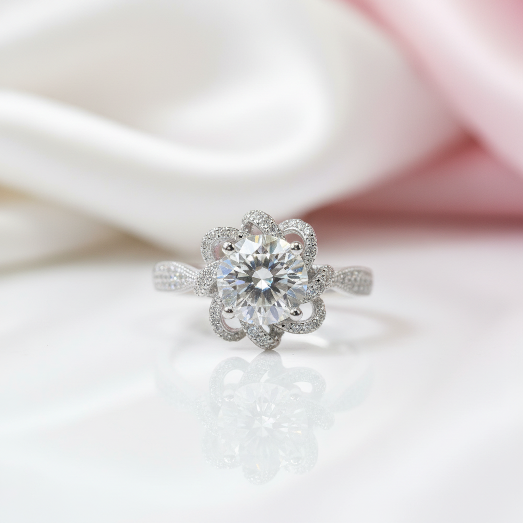1.0 Ct Round Cut Diamond Option Princess Flower Engagement Ring-Black Diamonds New York