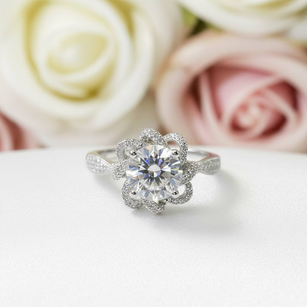 1.0 Ct Round Cut Diamond Princess Flower Engagement Ring-Black Diamonds New York