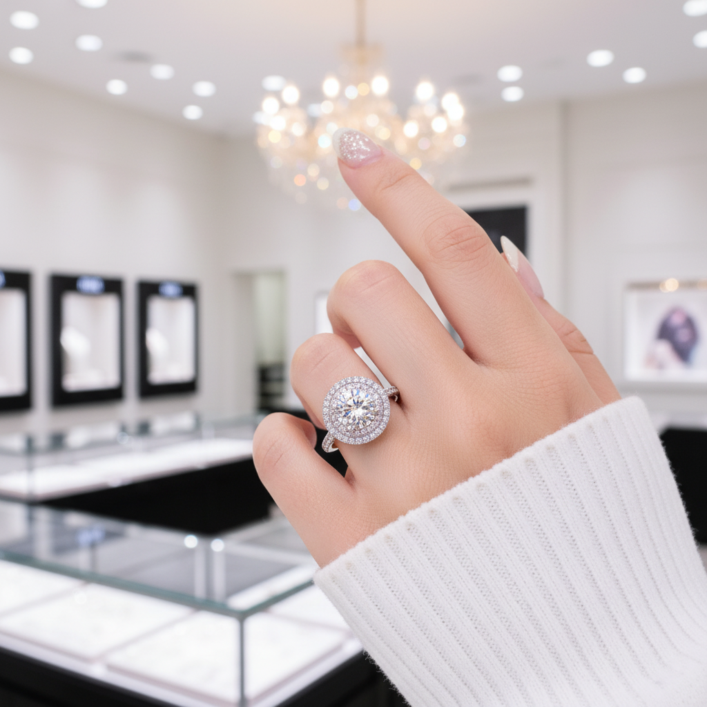 Round Aquamarine Double Halo Cocktail Ring-Black Diamonds New York