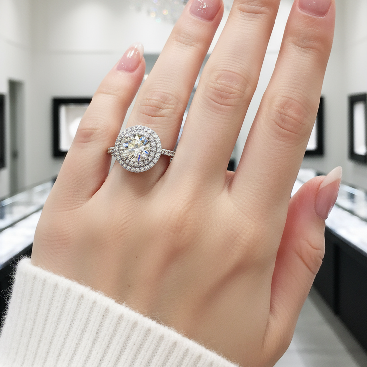 Round Aquamarine Double Halo Cocktail Ring-Black Diamonds New York