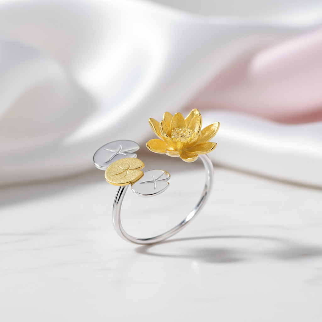 Elegant Water Lily Flower Adjustable Ring-Black Diamonds New York