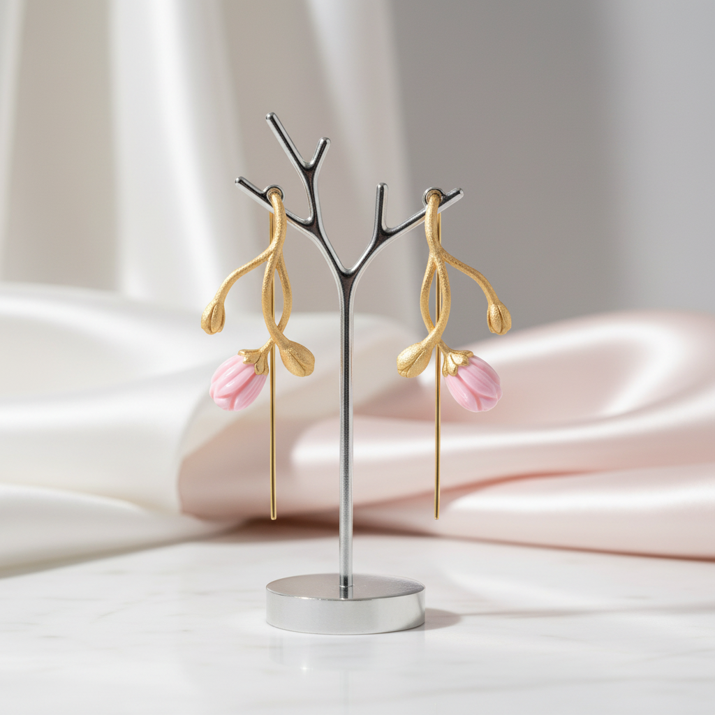 Jasmine Flower & Bud Dangle Earrings-Black Diamonds New York