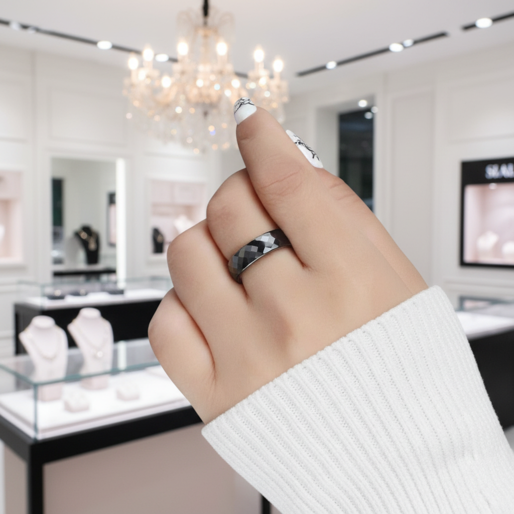 6mm Ceramic Women's Wedding Band-Black Diamonds New York